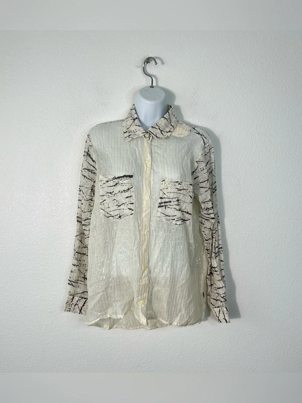 Stussy Button-Down Cotton Shirt Cream Silver Long Sleeve Size Medium Y2K NEW - Picture 2 of 6